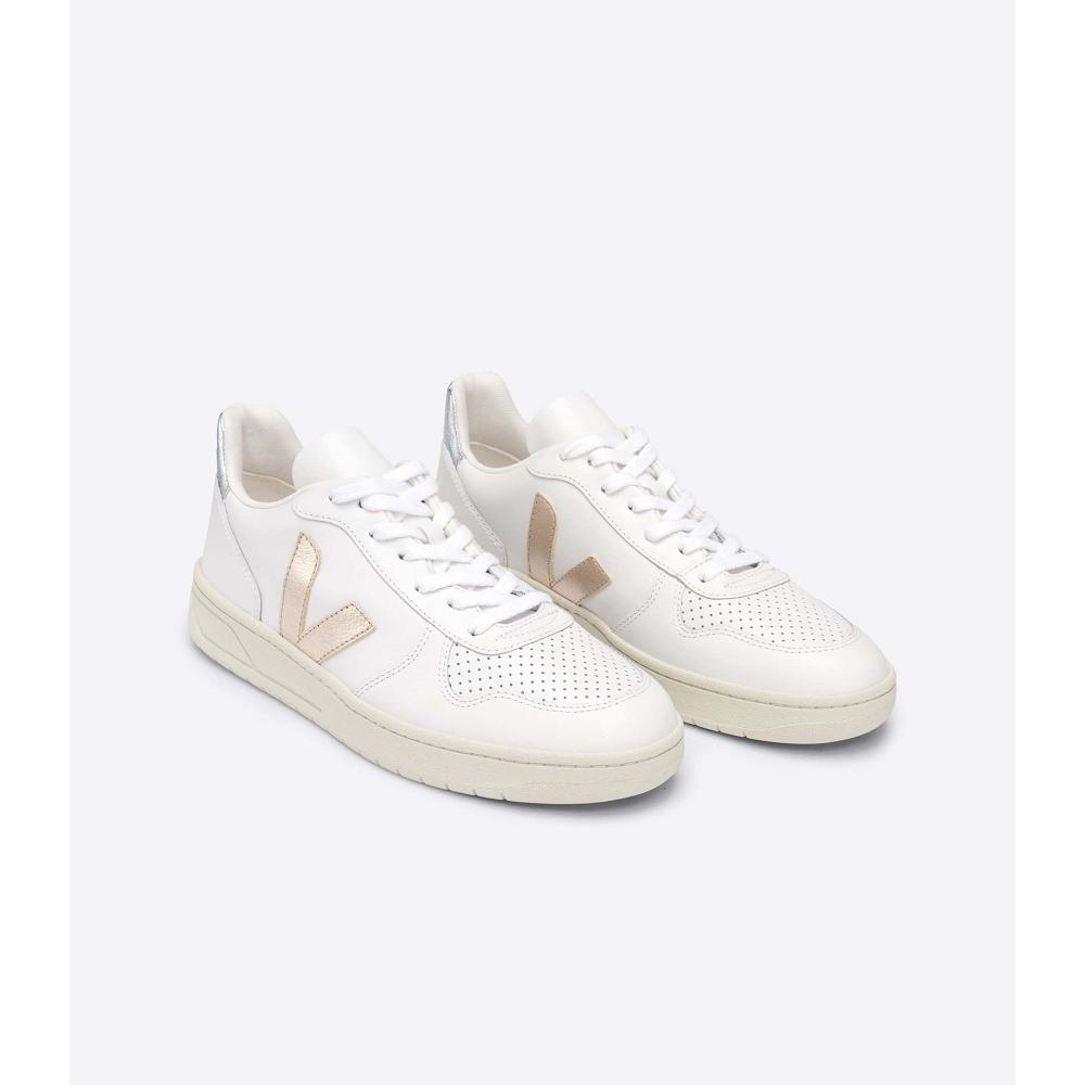 Women's Veja V-10 LEATHER Sneakers White/Silver | SG 650DFM